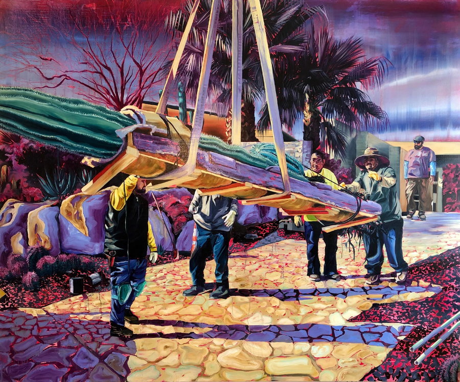 Painting of workers installing a large cactus outside a luxury home with a crane, as featured in Rex Southwick's ongoing 