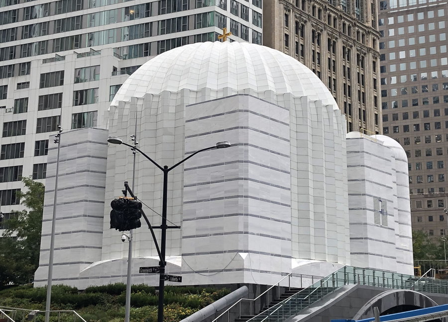 Restored exterior of the World Trade Center Plaza's Saint Nicholas Greek Orthodox Church.