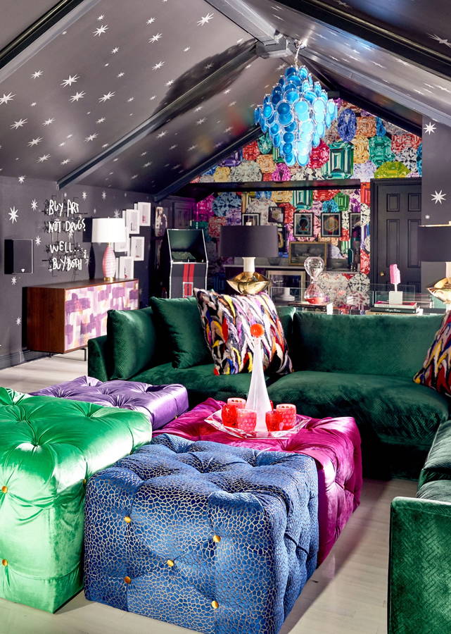 Vibrant common area inside pop artist Ashley Longshore's New Orleans Home