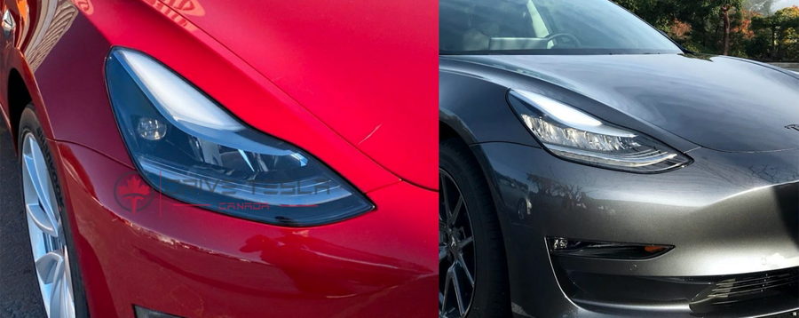 Side-by-side comparison between standard headlights and Tesla's new adaptive driving beam headlights.