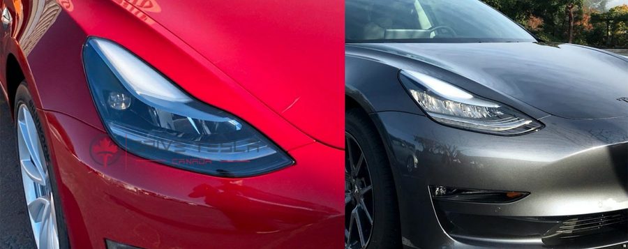 Side-by-side comparison between standard headlights and Tesla's new adaptive driving beam headlights.