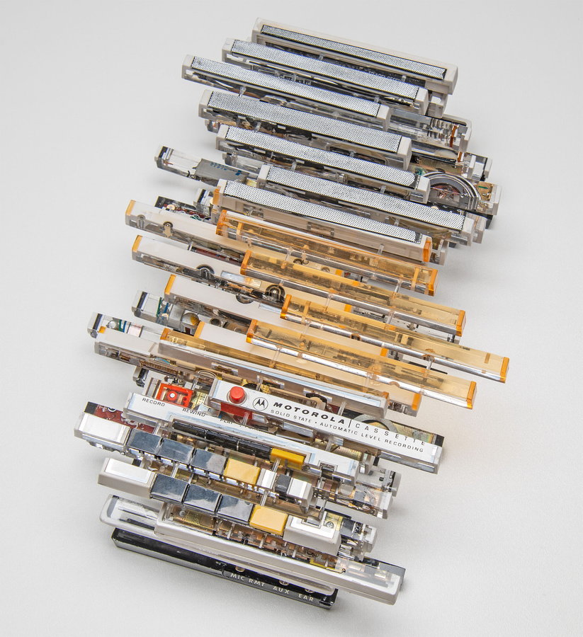 Aerial view of a deconstructed tape recorder, as featured in Fabian Oefner's 