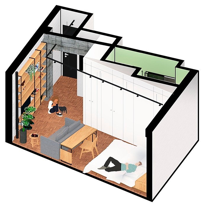 Computer renderings for Atelier Aberto Arquitetura's micro apartment renovation in Portugal's former Lido Hotel. 