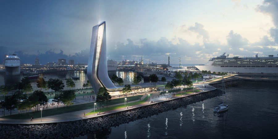 Futuristic Zaha Hadid-designed tower looms like a beacon over the revitalized Tallinn Port.