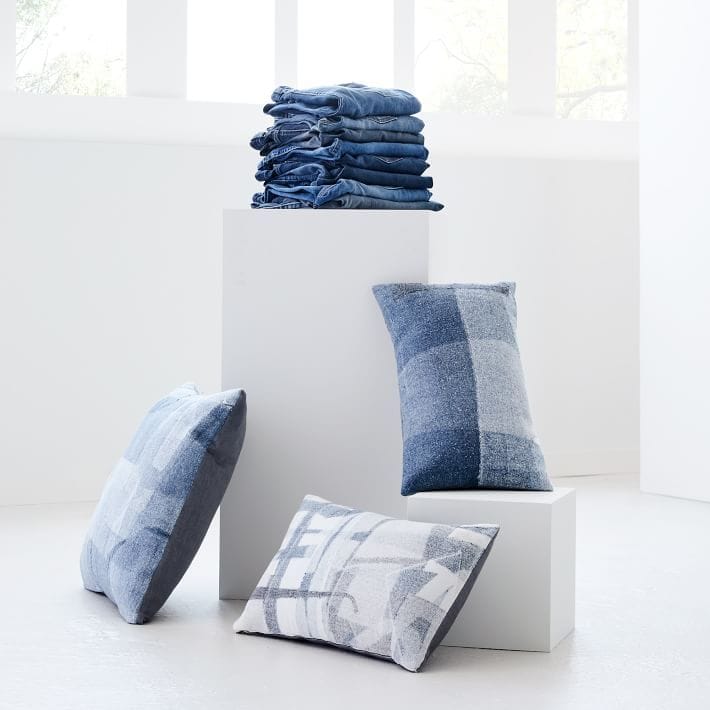 Elegant upcycled throw pillows featured in the new West Elm + Eileen Fisher Collection. 