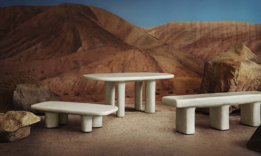 Willo Perron's Dino surfaces trio: a table, bench, and coffee table from the designer's line of 