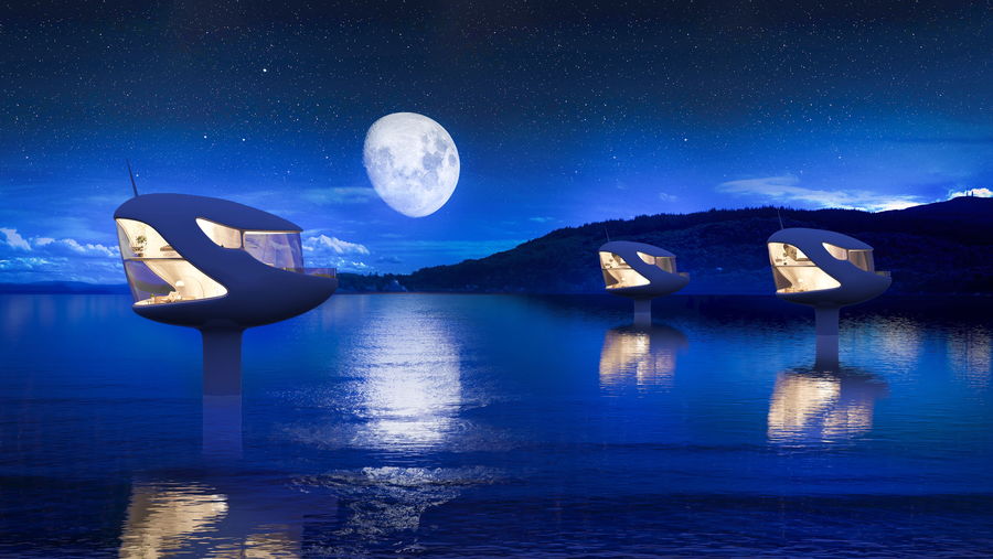 Ocean Builders' futuristic SeaPods glow like the moon come nightfall.
