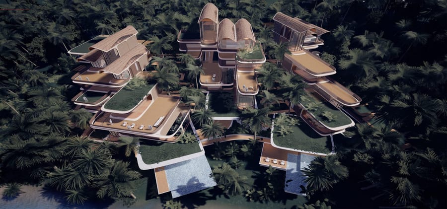 Aerial view of Zaha Hadid Architects' in-development Roatán Próspera island homes.