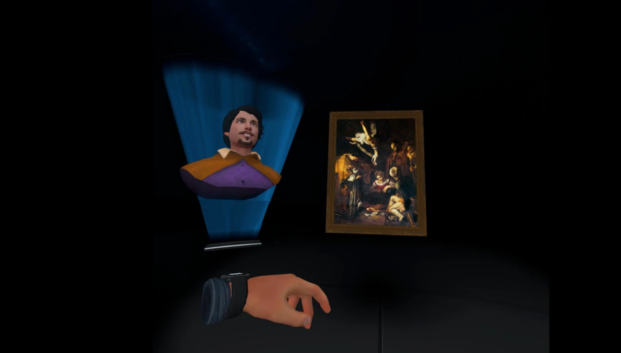 A virtual bust of Caravaggio and his stolen painting appear before a user in the Stolen Gallery app from Compass UOL.
