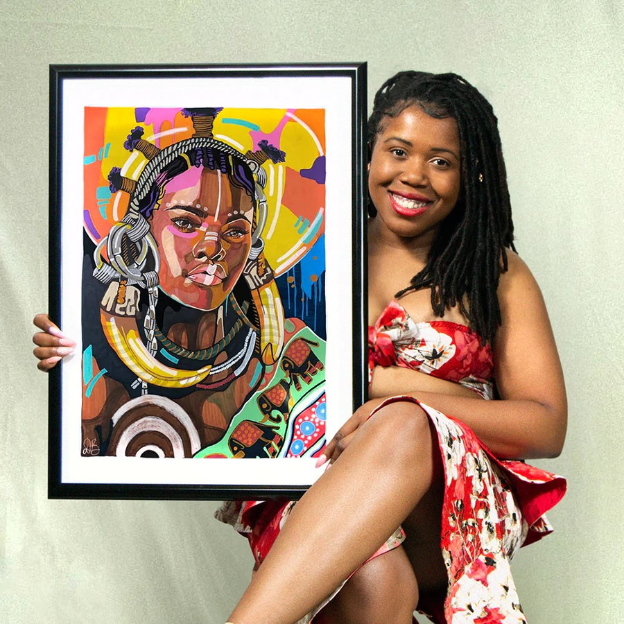 Beyonce-inspired portrait by Domonique Brown features a young Black woman adorned in traditional African accessories.