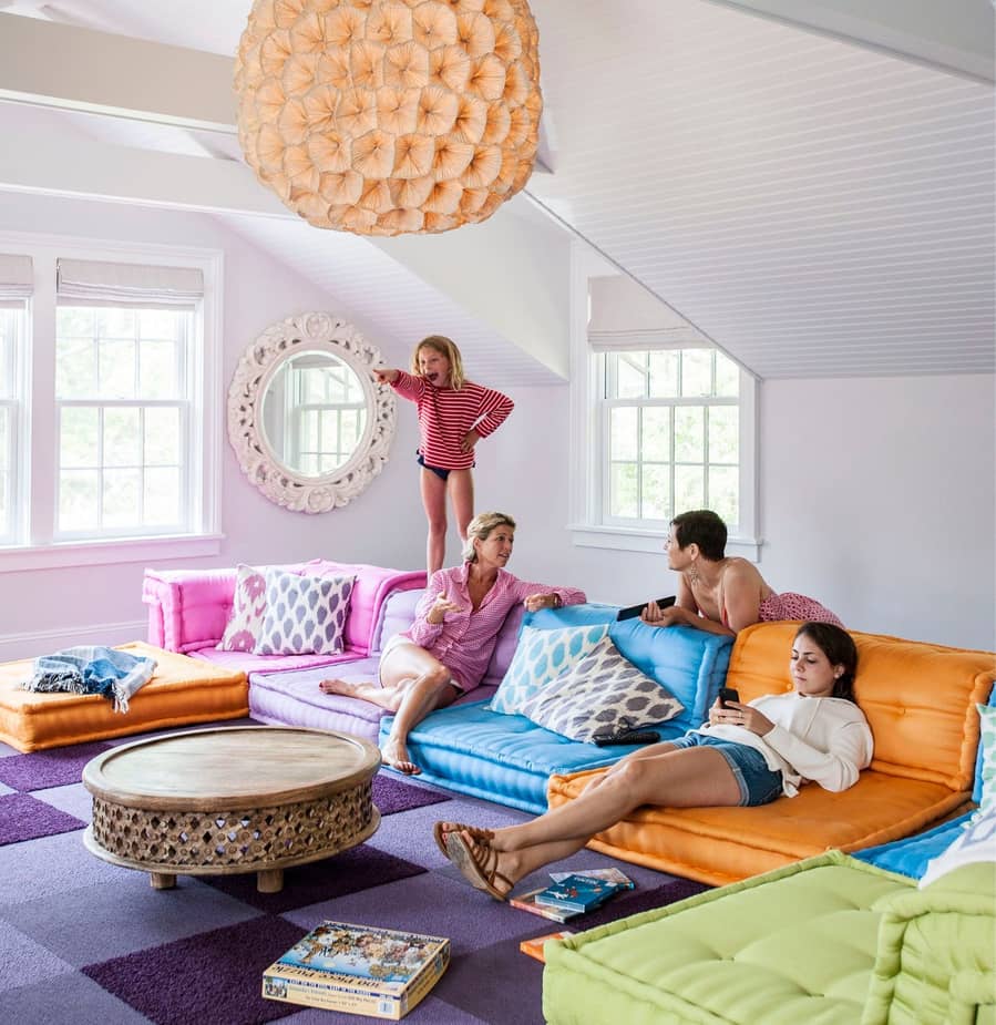 The Novogratz family enjoys a fun afternoon in their colorful Bellport home. 