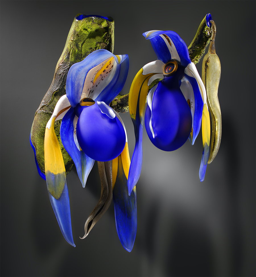 Blue Lady Slipper blown-glass orchids by artist Debra Moore.