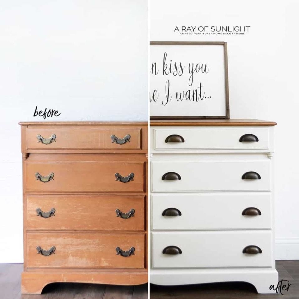 Before and after shots of a thrift store dresser makeover by A Ray of Sunlight.