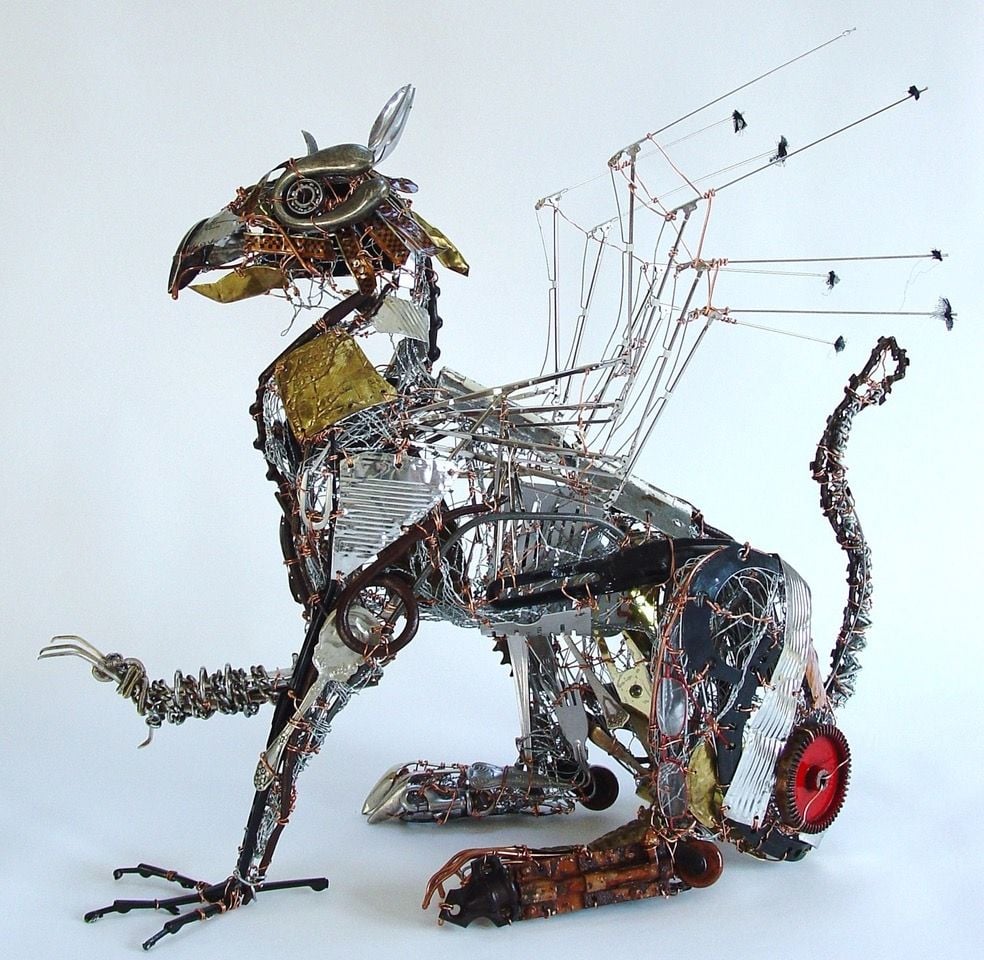 A fantastical upcycled metal griffin by artist Barbara Franc.