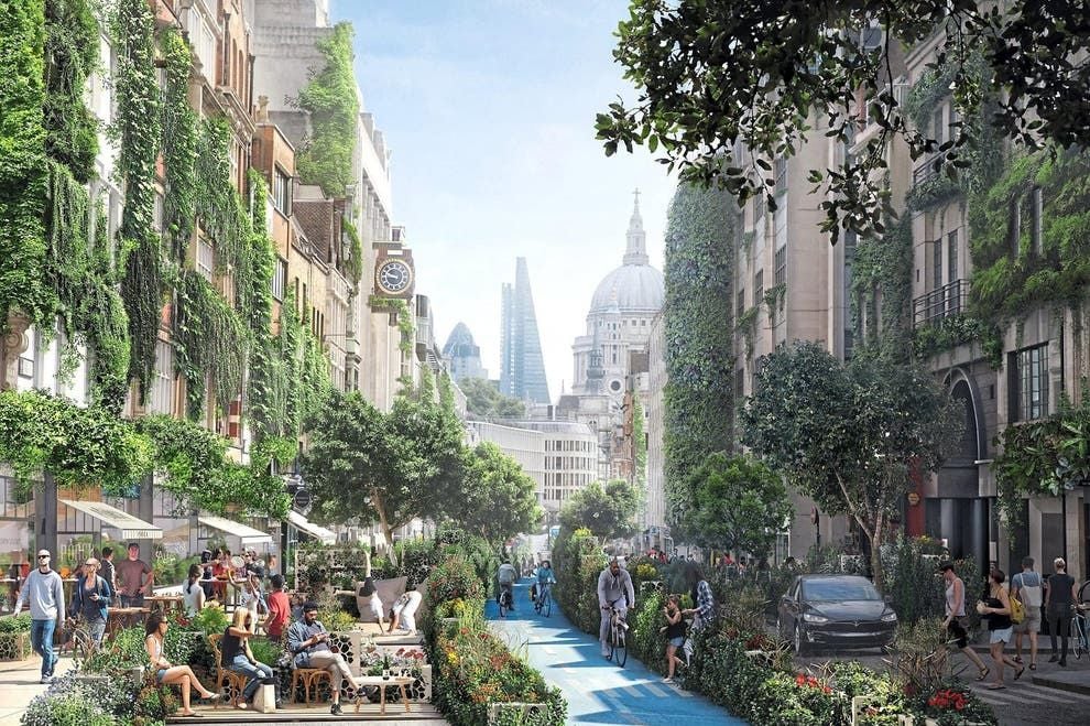 London's Fleet Street is transformed into a verdant paradise full of living greenery, as digitally transformed by WATG.