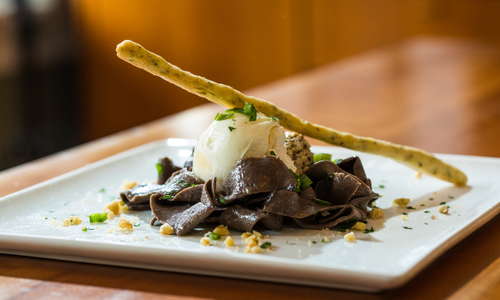 Breakfast: Cocoa-Chocolate Pasta with Walnut Sauce, Poached Egg