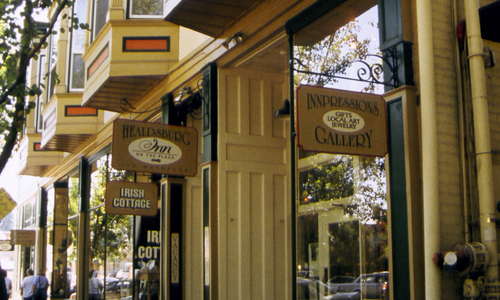 Front door of Healdsburg Inn on the Plaza, in the heart of the town's vibrant shopping/dining/wine tasting room district.