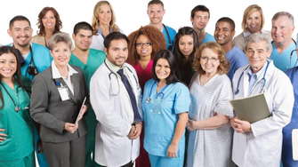 Large happy group of doctors nurses and medical staff.