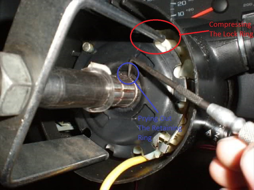 Compressing the lock shield to remove the spring bearing retainer