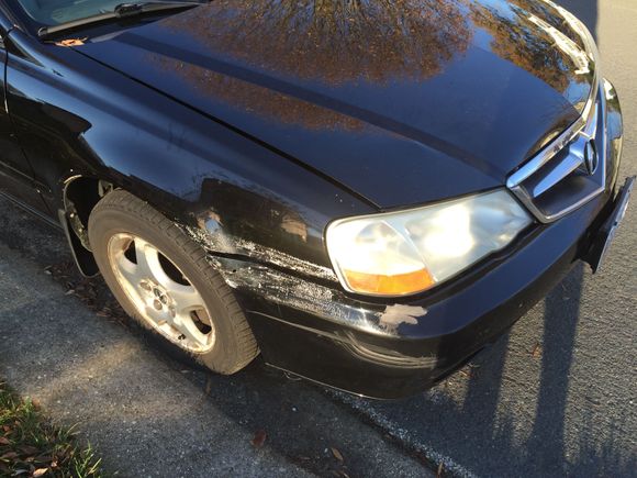 Bumper/Hood/Fender damage. The discoloration is tape residue. That should come off with some WD-40.