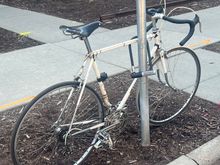 It’s not often I see a PX10 locked to a post. I’m hoping the original wheels are safe at home and switched for the sake of riding clinchers rather than gone due repeated use of this locking technique. 