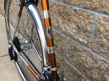 The seat tube decals are replacements, as it was just a naked tube when I received the bike. I was able to determine their exact placement because the paint had faded around the old decals and left a darker silhouette.  At first I was unsure what the center decal should be, until I realized that the silhouette was the exact shape of the headbadge.  I’ve since seen pics of other 68s and that helped me confirm it.