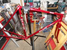 Frame and fork are 531 with period correct decals.   Color is prisimatic cranberry.