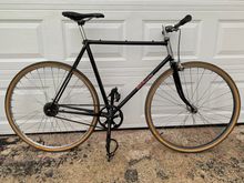 The BCA frame was given to me by a local friend who's into REAL antique bicycles (nothing newer than pre-WWI, heavily into 1890's), the wheels came from the barn that wasn't affected by the fire, and pretty much everything else on it was the care packages the group sent me after the fire.  It's my 'baseball' bike.  Rather than pay $5.00 parking at each Richmond Flying Squirrels game, I haul the bike into Lakeside (about two miles from the ballpark) and ride to the game.