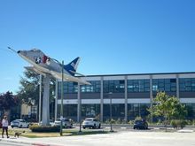 Several retired fighter planes are on display throughout the island, including this one in front of one of the high schools.