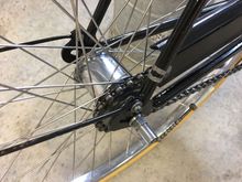 Rear wheel rebuilt with stainless spokes, SA 1957 SW 3 Speed hub stripped, cleaned and rebuilt internals.