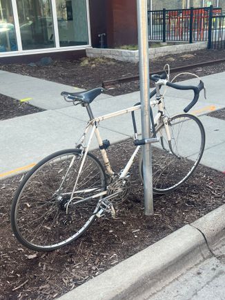 It’s not often I see a PX10 locked to a post. I’m hoping the original wheels are safe at home and switched for the sake of riding clinchers rather than gone due repeated use of this locking technique. 