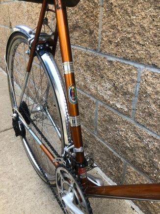 The seat tube decals are replacements, as it was just a naked tube when I received the bike. I was able to determine their exact placement because the paint had faded around the old decals and left a darker silhouette.  At first I was unsure what the center decal should be, until I realized that the silhouette was the exact shape of the headbadge.  I’ve since seen pics of other 68s and that helped me confirm it.