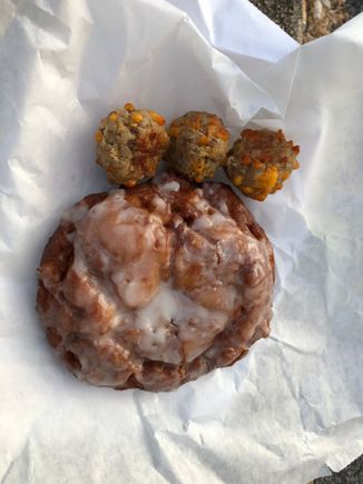 Sausage balls and an apple fritter from a local bakery. The fritter was awesome!