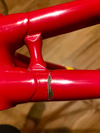 As found, driver side chain stay crack... I heard this used to happen fairly often, as 753 is pretty brittle