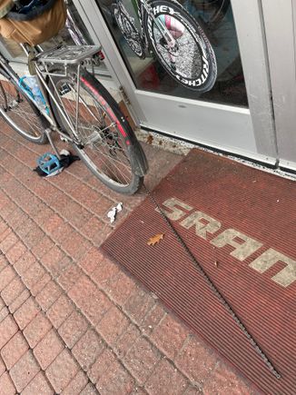 Wrenching on my chain in front of the lbs. I couldn’t believe my good fortune when my chain broke a quarter mile away…. Then I couldn’t believe my good fortune when Starbucks was open so I could wash my hands after repairing my chain. 