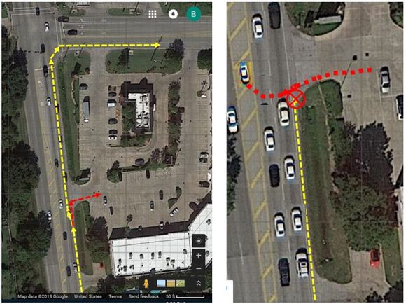 Picture on left is normal route with bailout in red. Picture on right is today's near miss.