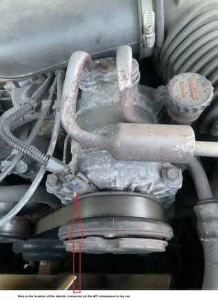 The location of the electric connector on the AC compressor in my car