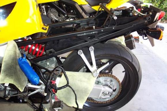 F4i subframe group test fitted to F4.  Eyed things over for finally mounting &amp; wiring harness routing.