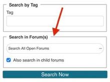 Make sure to enter the keywords in the search bar at the top off the advanced page first.

Then Scroll down to the bottom of the page and select the forum menu.