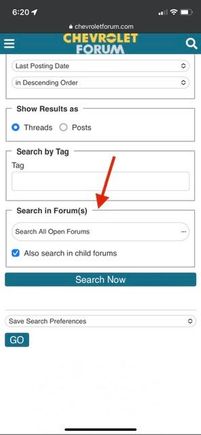 Make sure to enter the keywords in the search bar at the top off the advanced page first.

Then Scroll down to the bottom of the page and select the forum menu.