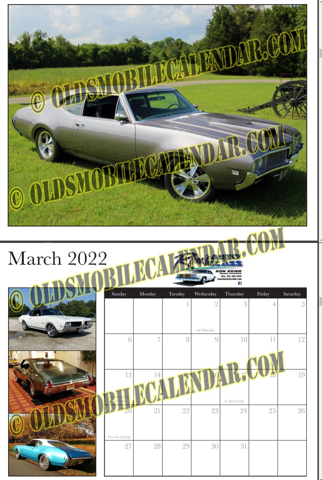 2022 Oldsmobile Calendar Olds 442 Cutlass 455 Rocket MONDELLO TRIBUTE