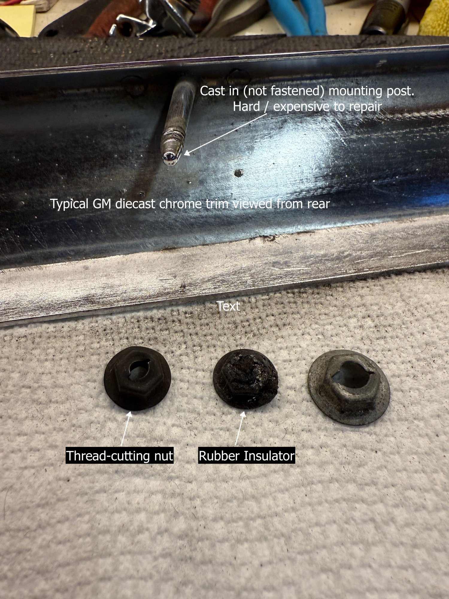 Typical GM Mid 60's diecast trim and mounting fasteners. Good system, but hard or expensive to repair.