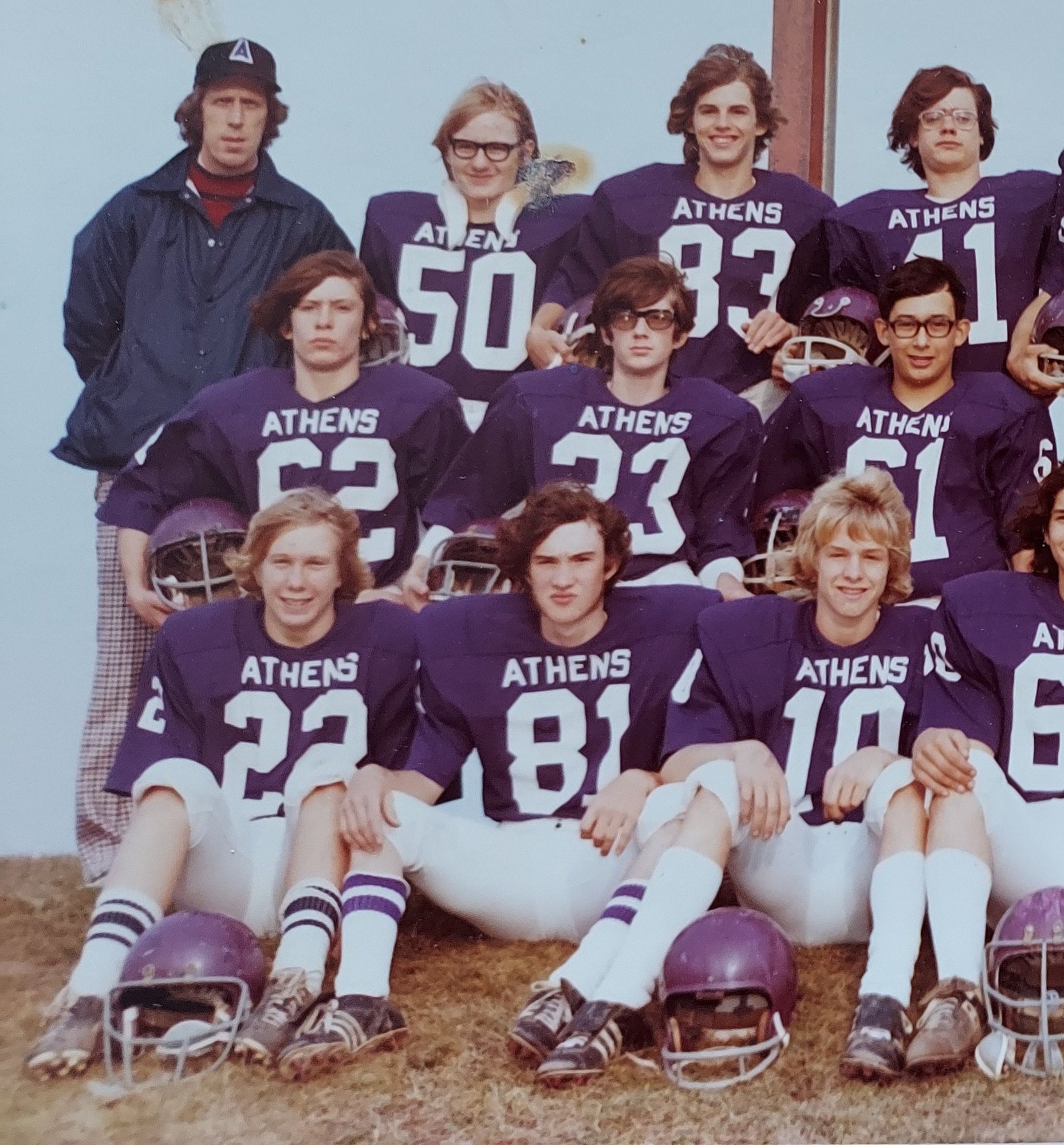 Sophomore year of HS, Fall of '74, I'm lower left, #22.  That's my Dad in the upper back left, JV Football Coach, even his hair was long.