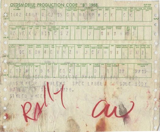 1968 Hurst/Olds Lansing Build Document from a W-46 Air Coonditioned car.