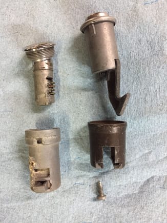 Here is a side-by-side comparison of the '66 on the left, and the '67 on the right.  The '66 used a threaded barrel nut that screws into the latch.