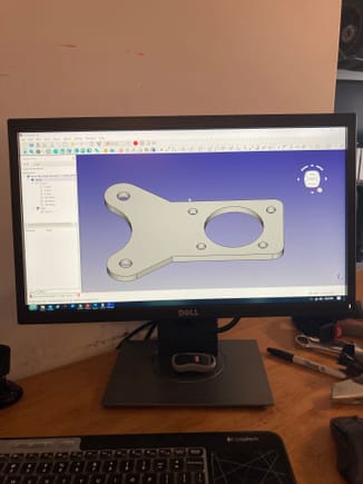 Drawing up the rear caliper bracket in FreeCad. This is a preliminary drawing and the bracket will become a 2 piece giving me the ability to shim/adjust caliper offset to rotor. 