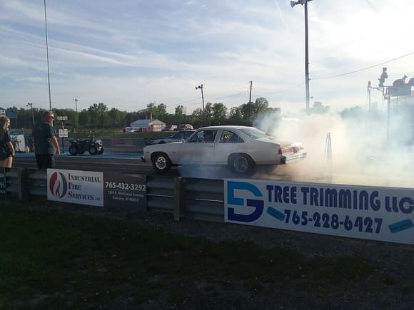 Drag races were great. It was a 1/8 mile track. Most all the cars pulled the front wheels at start. Not many Olds though. I had to get a pic of this Omega. Looks just like the V-6 one my Mom had in 1978. (well, Ma's was maybe not as good as burning out as this one!)
