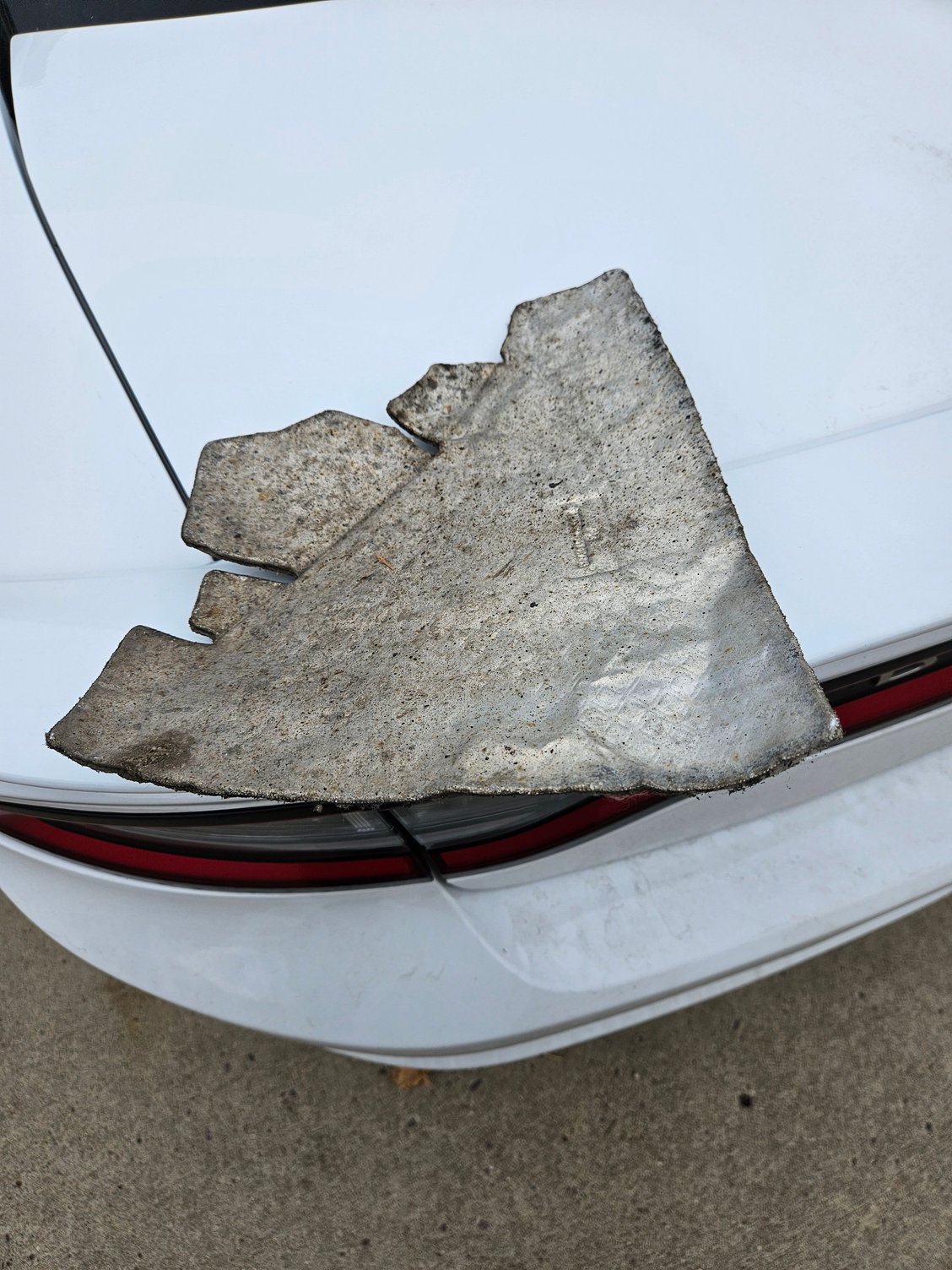 I found this hanging from my 2016 Charger. It was on driver's side, behind the rear wheel. Due to tme issues, I just pulled it and it came off easy and I placed it in trunk. The majority of it was visible so it wasn't hanging on by much. I looked under the car and couldn't see anything similar on the other side. I don't know if i picked it off the street, or it's from the car. I'm hoping it's not some kind of heat shield. Any ideas?