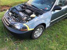 Put some filler on a couple small dents and started to sand the fenders since I couldn’t paint the hood yet. I’ve decided to paint the bumper last (I’ll remove it from the car when I’m ready to paint it)