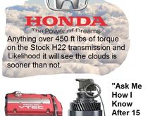 Heavier the car the harder it is on the transmission.  A EG Civic 2200 lbs vs 3200 lb 4 door Accord going to have different limits.  But the rule of thumb is its a Gamble over 400 ft lbs of torque....  I am currently 501 whp and 385 ft lbs of torque on pump 17 psi on carbon synchro m2b4. Torco mtf.
